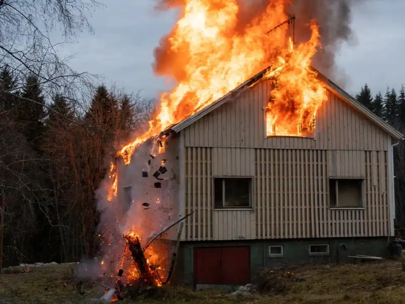 House fire in progress — in open-plan two-story homes the smoke footprint routinely exceeds the burn area