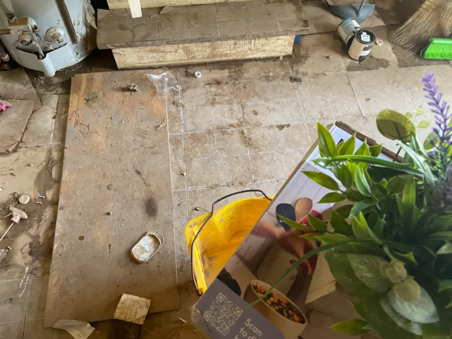 Overhead view of storm water intrusion documented before drying begins