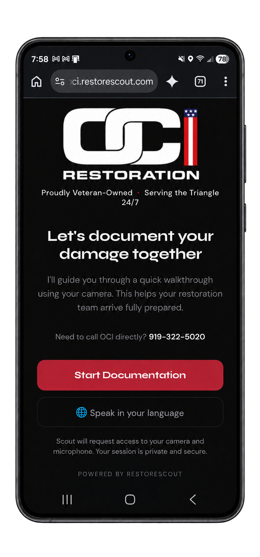 RestoreScout guided damage intake screen used by OCI Restoration to document water and fire damage in the Raleigh Triangle